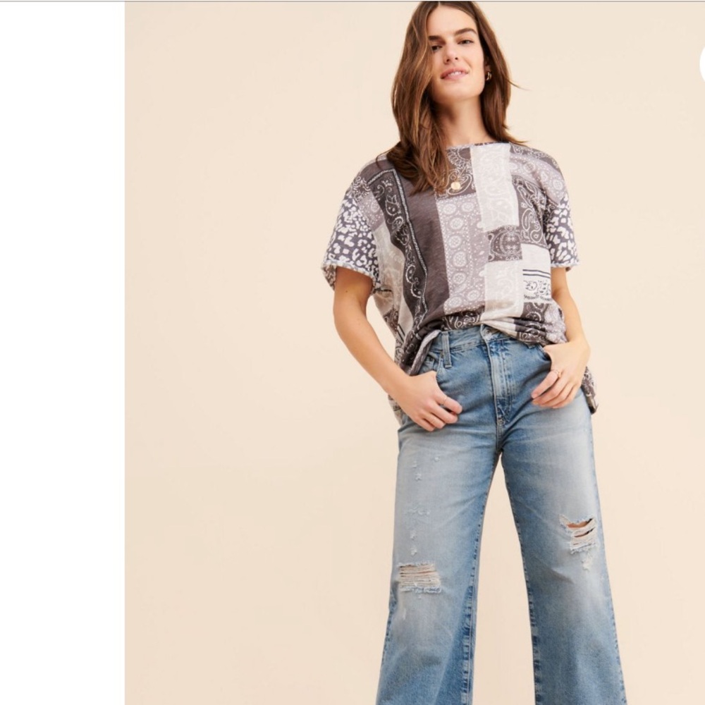 Free People Patchwork Short Sleeve Tee - Gray and White